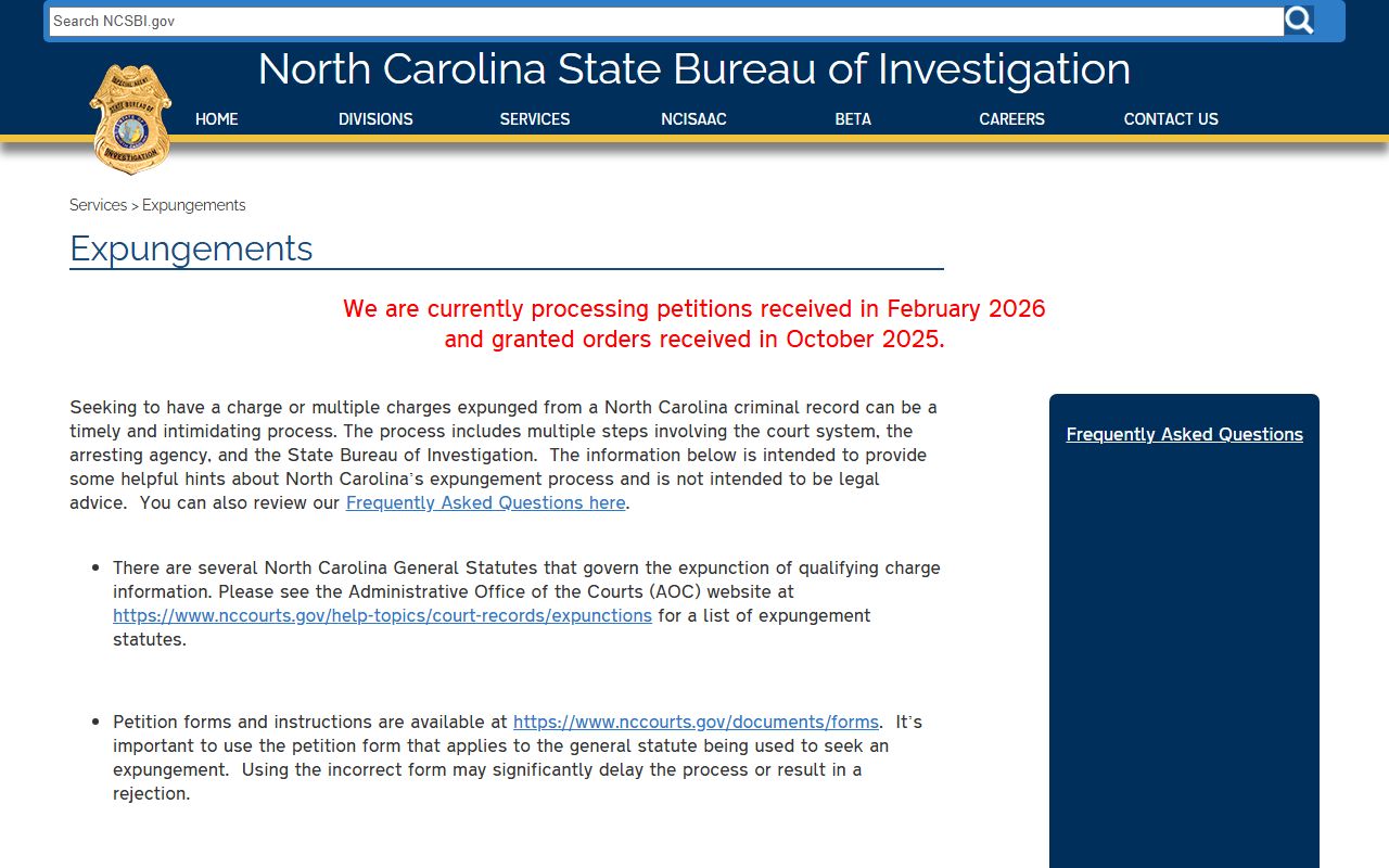 NC SBI expungements information for clearing felony records in North Carolina