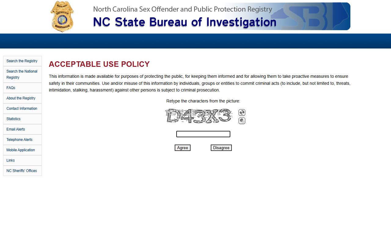 NC Sex Offender Registry search portal for felony records