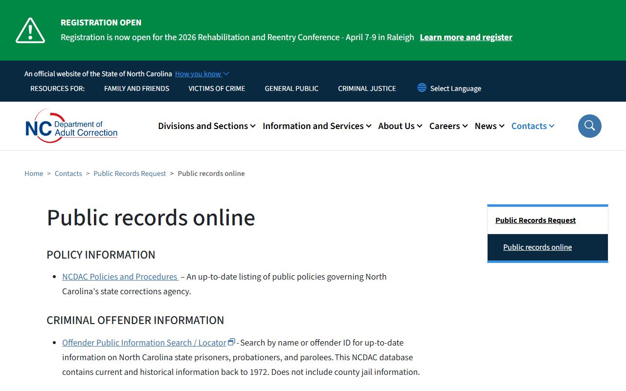 North Carolina Department of Adult Correction offender search for felony records