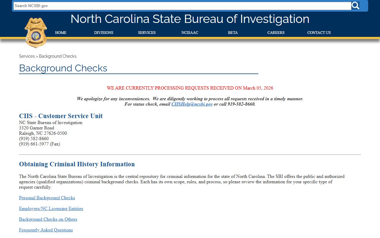North Carolina State Bureau of Investigation background check portal for felony records